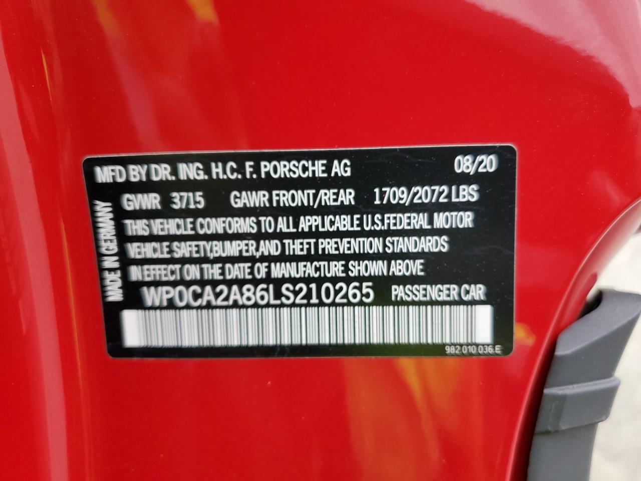 2020 Porsche Boxster VIN WP0CA2A86LS210265 Copart auction photo, rear end damage thumbnail 12