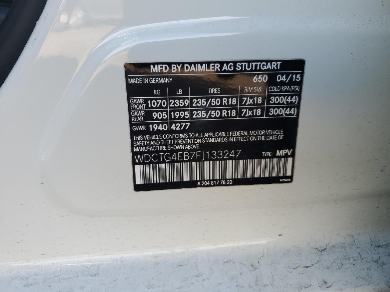 2015 Mercedes-Benz GLA-klasse VIN WDCTG4EB7FJ133247 Copart auction photo, rear end damage thumbnail 15