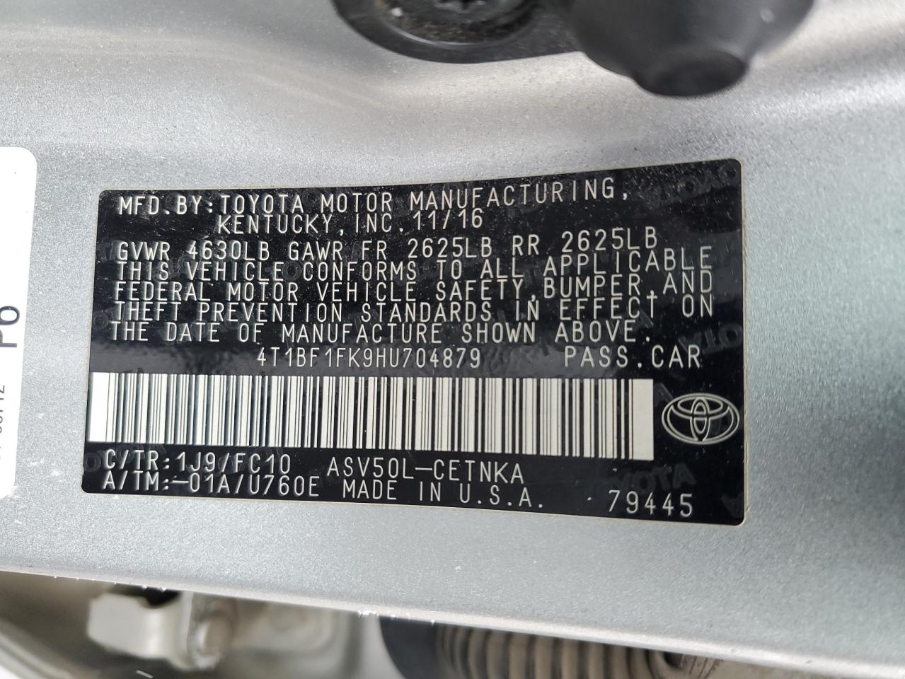 2017 Toyota Camry VIN 4T1BF1FK9HU704879 Copart auction photo, front end / side damage thumbnail 13