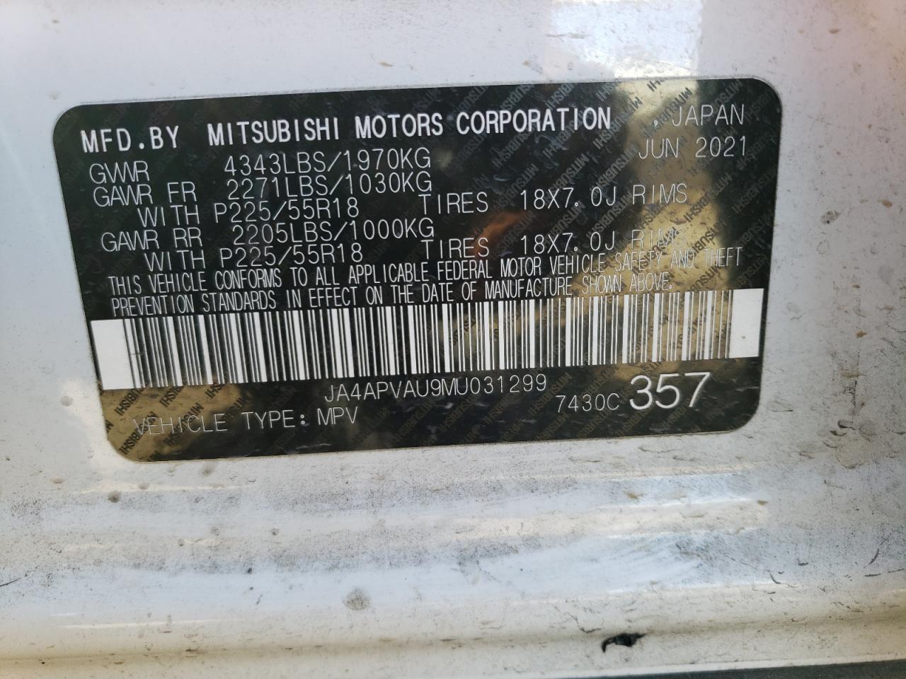 2021 Mitsubishi Outlander VIN JA4APVAU9MU031299 Copart auction photo, front end / rear end damage thumbnail 14