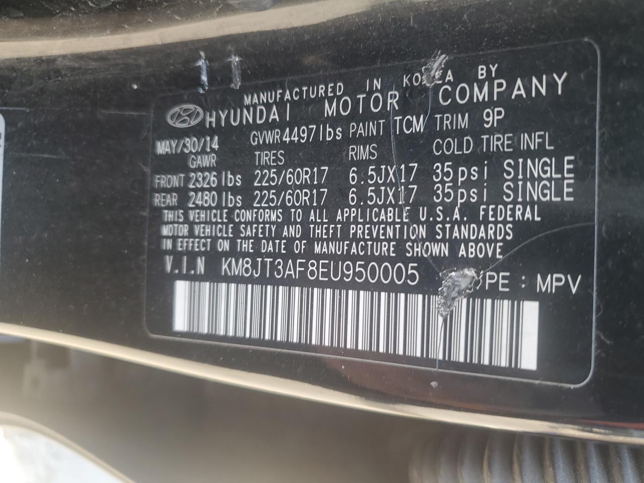 2014 Hyundai Tucson VIN KM8JT3AF8EU950005 Copart auction photo, front end / side damage thumbnail 14