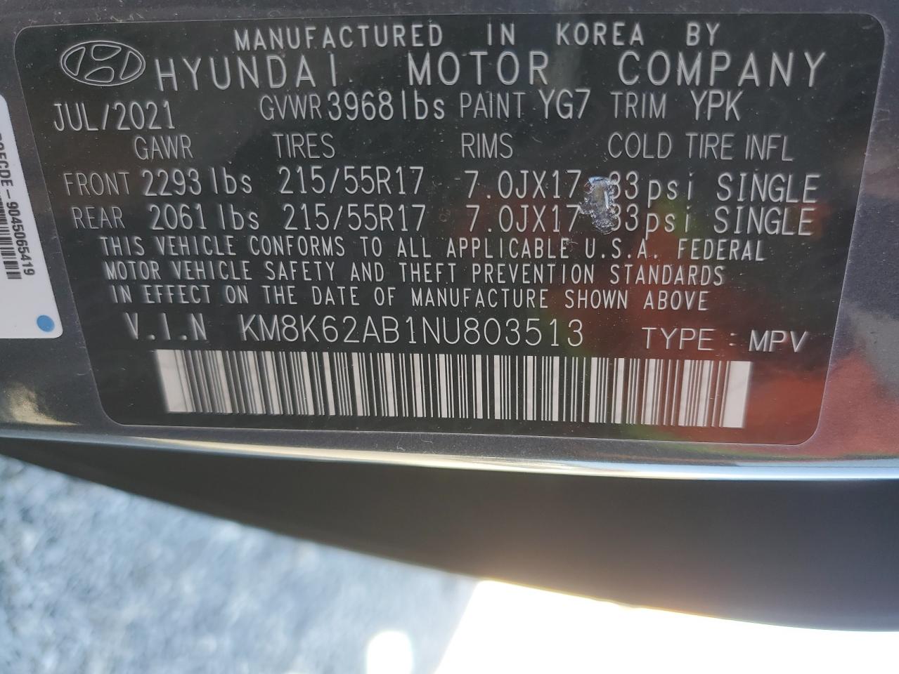 2022 Hyundai Kona VIN KM8K62AB1NU803513 Copart auction photo, side / rear end damage thumbnail 15
