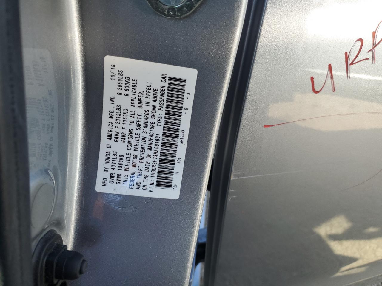 2017 Honda Accord VIN 1HGCR2F79HA091991 Copart auction photo, rear end damage thumbnail 12