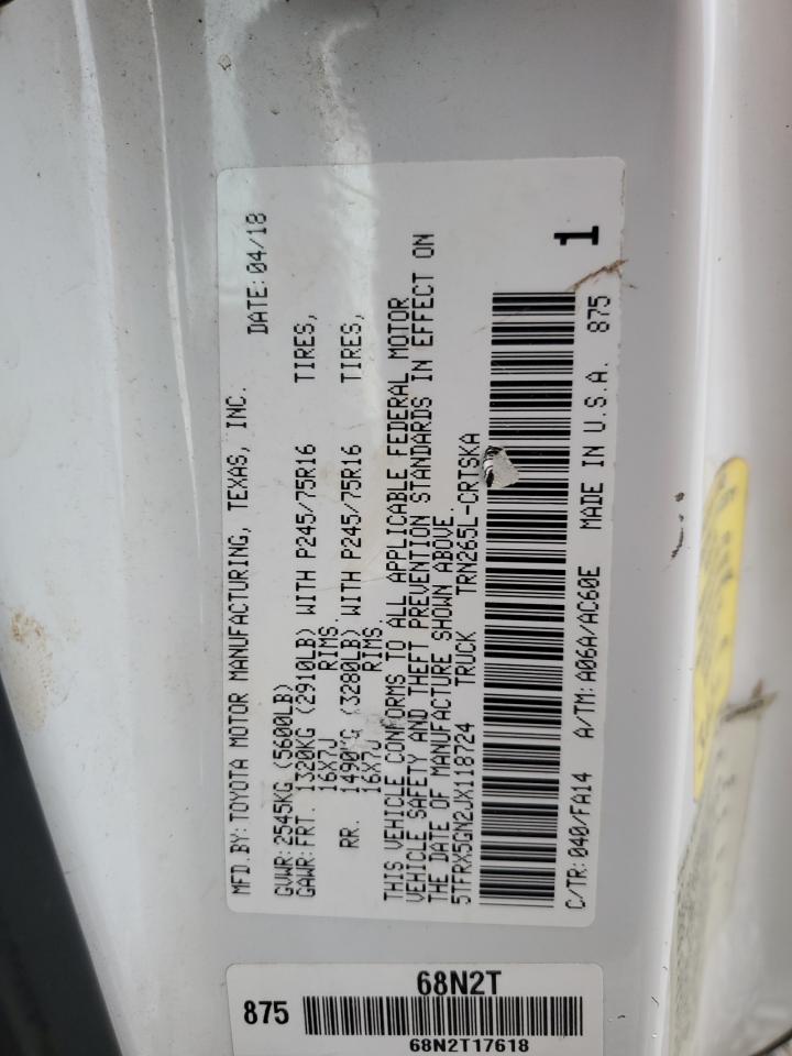2018 Toyota Tacoma VIN 5TFRX5GN2JX118724 Copart auction photo, mechanical / front end damage thumbnail 12