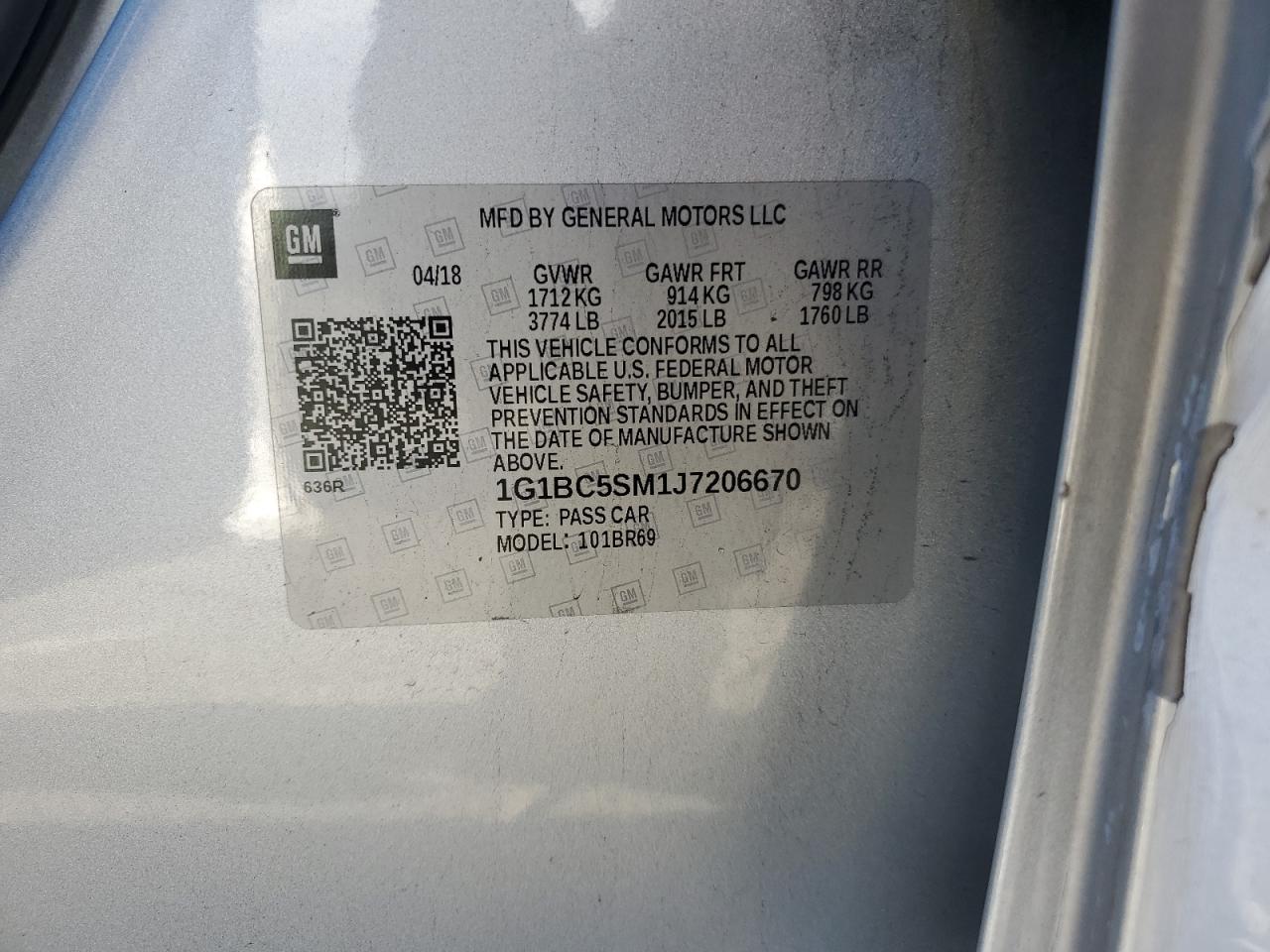 2018 Chevrolet Cruze VIN 1G1BC5SM1J7206670 Copart auction photo, front end / all over damage thumbnail 12