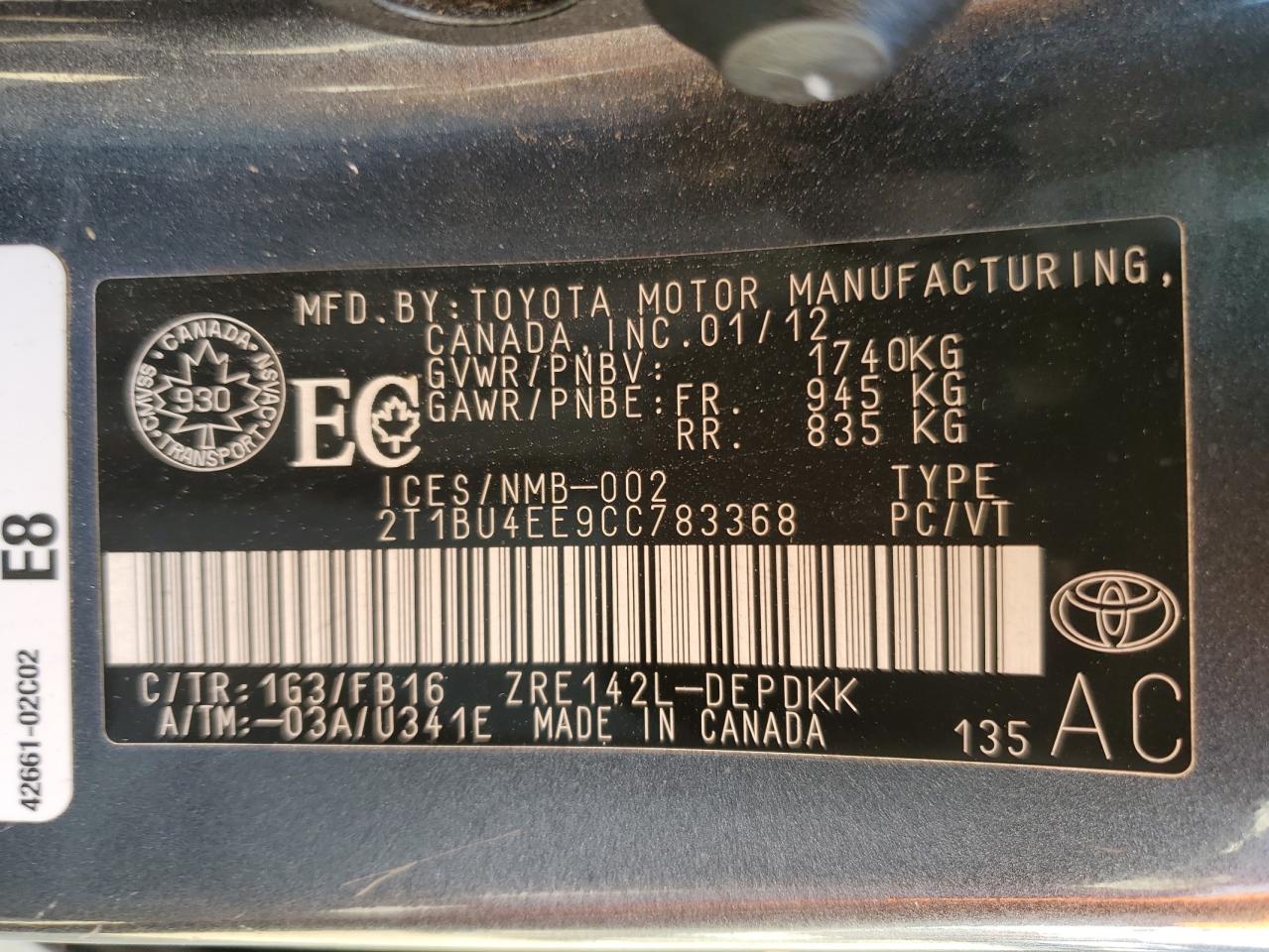 2012 Toyota Corolla VIN 2T1BU4EE9CC783368 Copart auction photo, mechanical / front end damage thumbnail 12