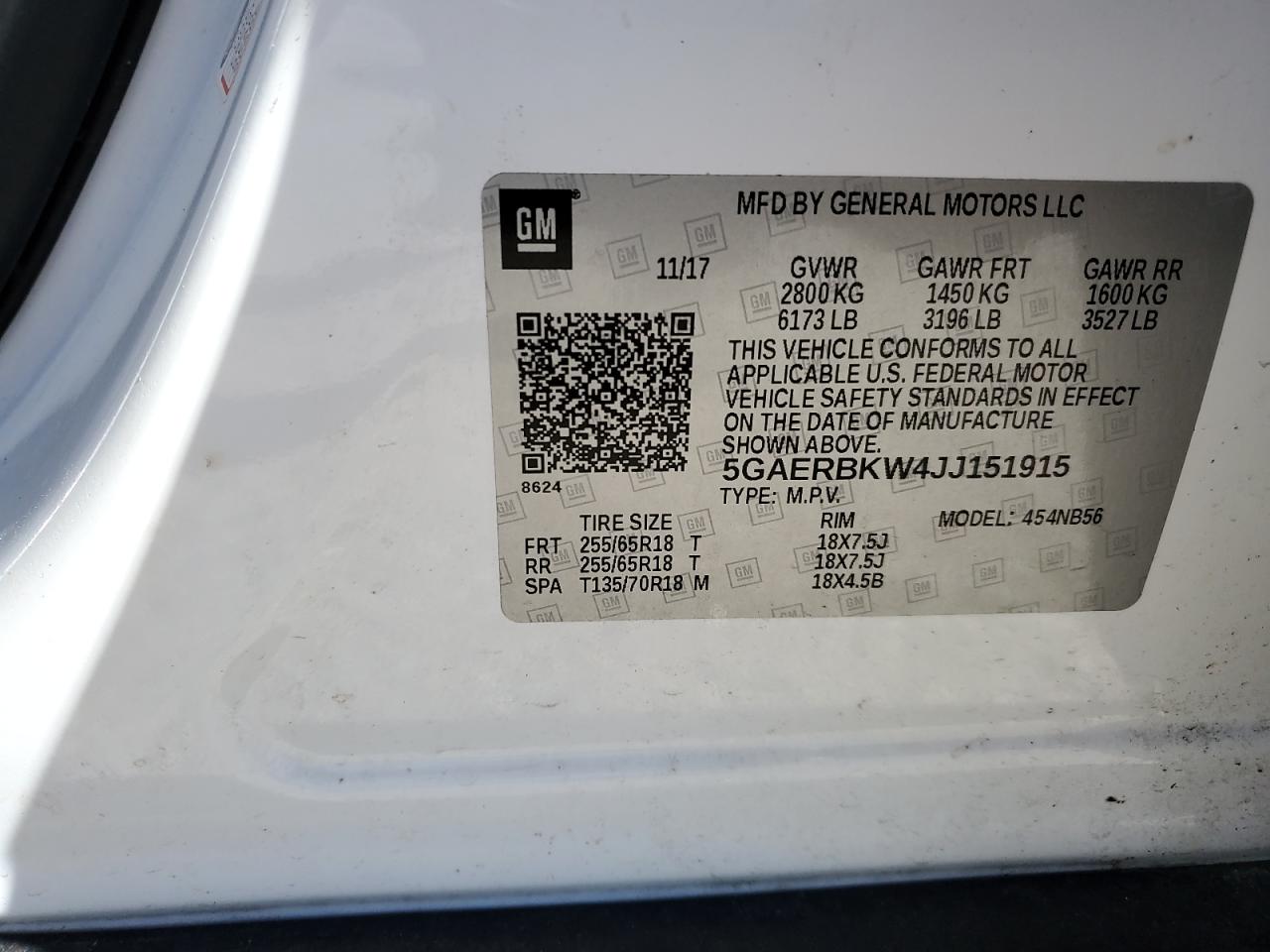 2018 Buick Enclave VIN 5GAERBKW4JJ151915 Copart auction photo, front end damage thumbnail 14