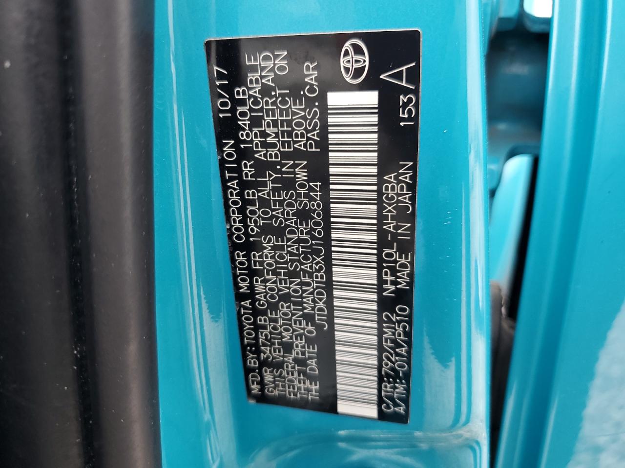 2018 Toyota Prius VIN JTDKDTB3XJ1606844 Copart auction photo, rollover damage thumbnail 13