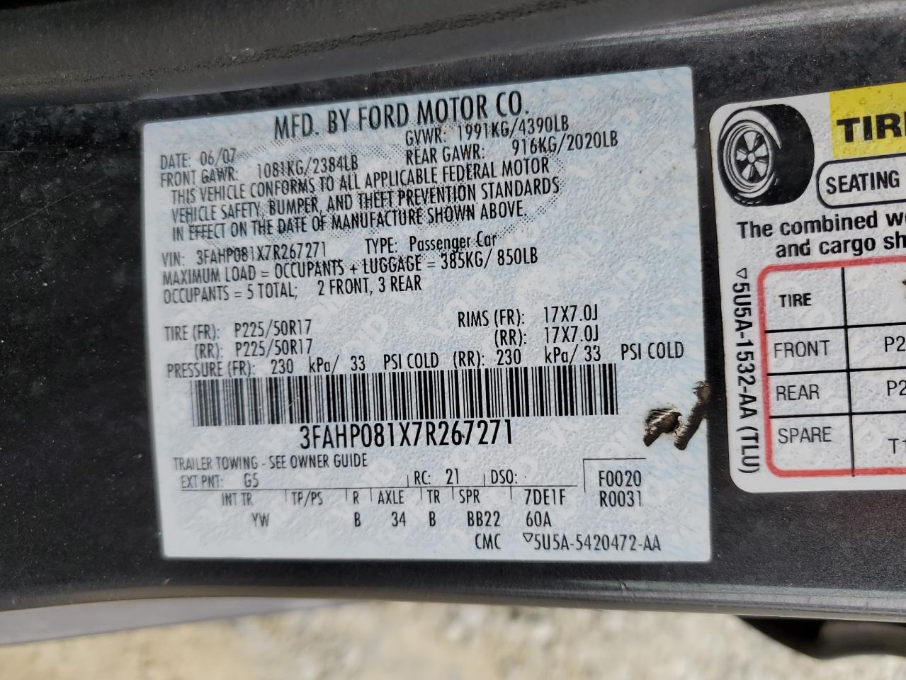 2007 Ford Fusion VIN 3FAHP081X7R267271 Copart auction photo, all over damage thumbnail 13