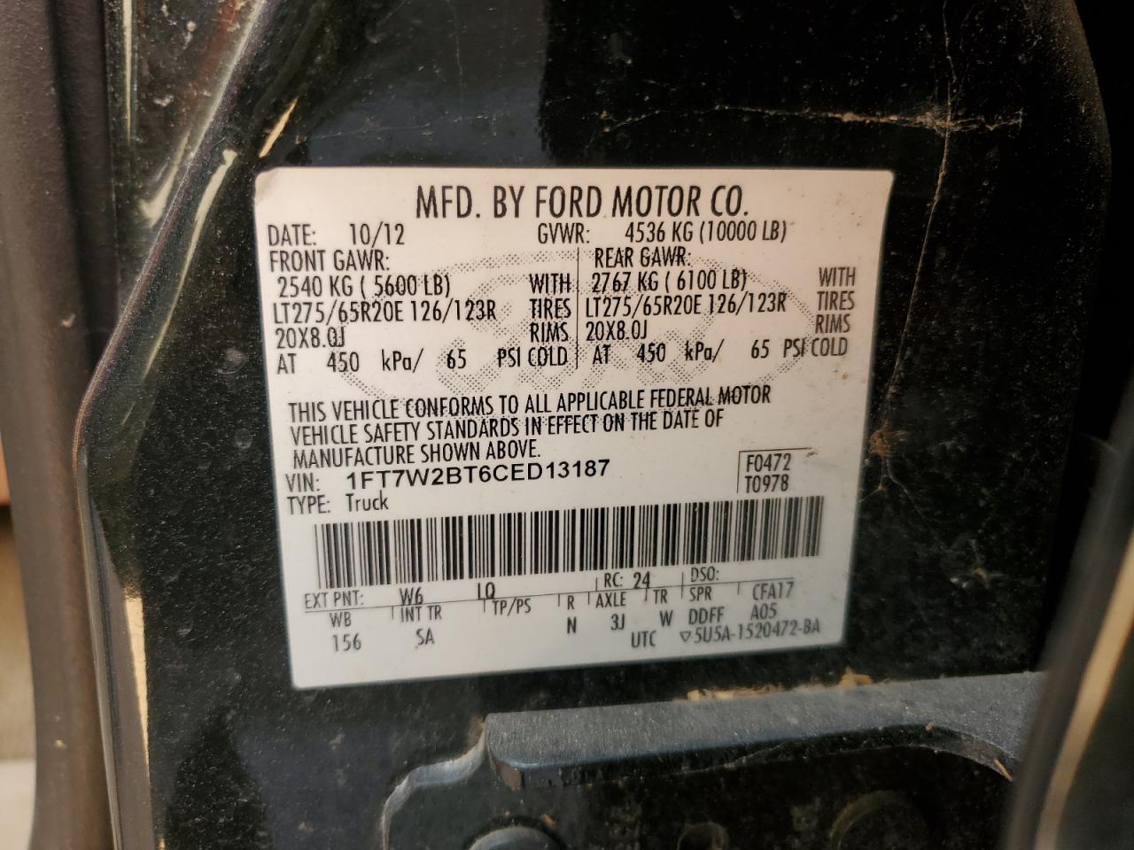2012 Ford F250 VIN 1FT7W2BT6CED13187 Copart auction photo, undercarriage damage thumbnail 13
