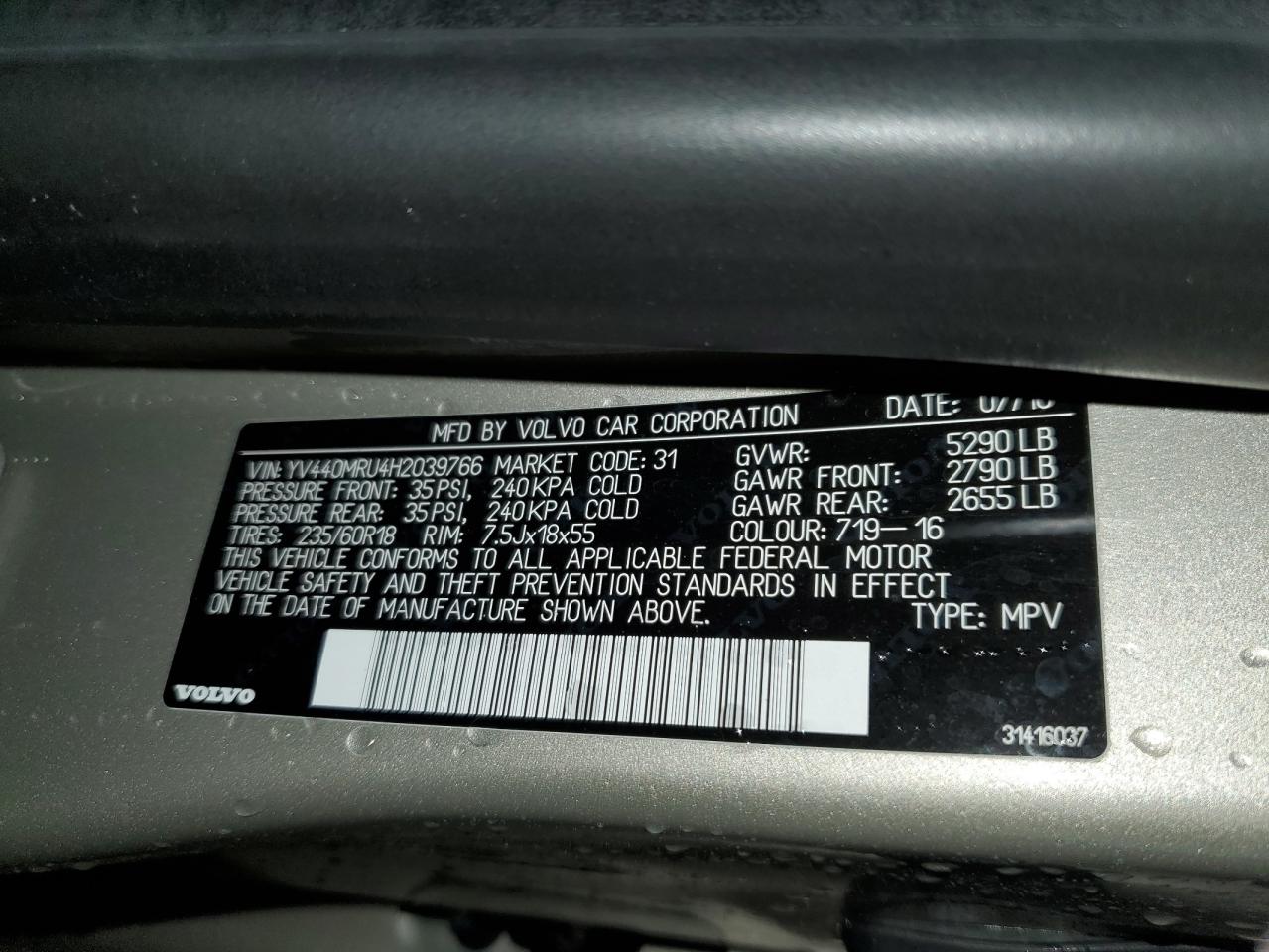2017 Volvo XC60 VIN YV440MRU4H2039766 Copart auction photo, front end damage thumbnail 14