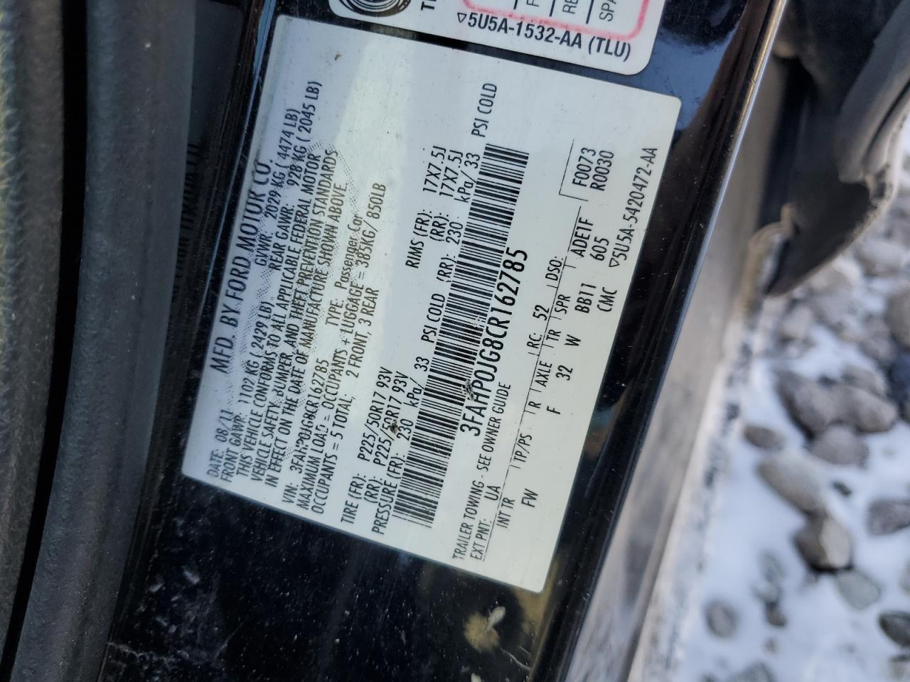 2012 Ford Fusion VIN 3FAHP0JG8CR162785 Copart auction photo, rear end damage thumbnail 12