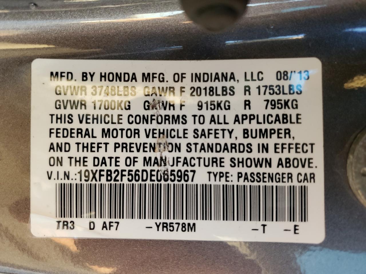 2013 Honda Civic VIN 19XFB2F56DE065967 Copart auction photo, rear end damage thumbnail 12