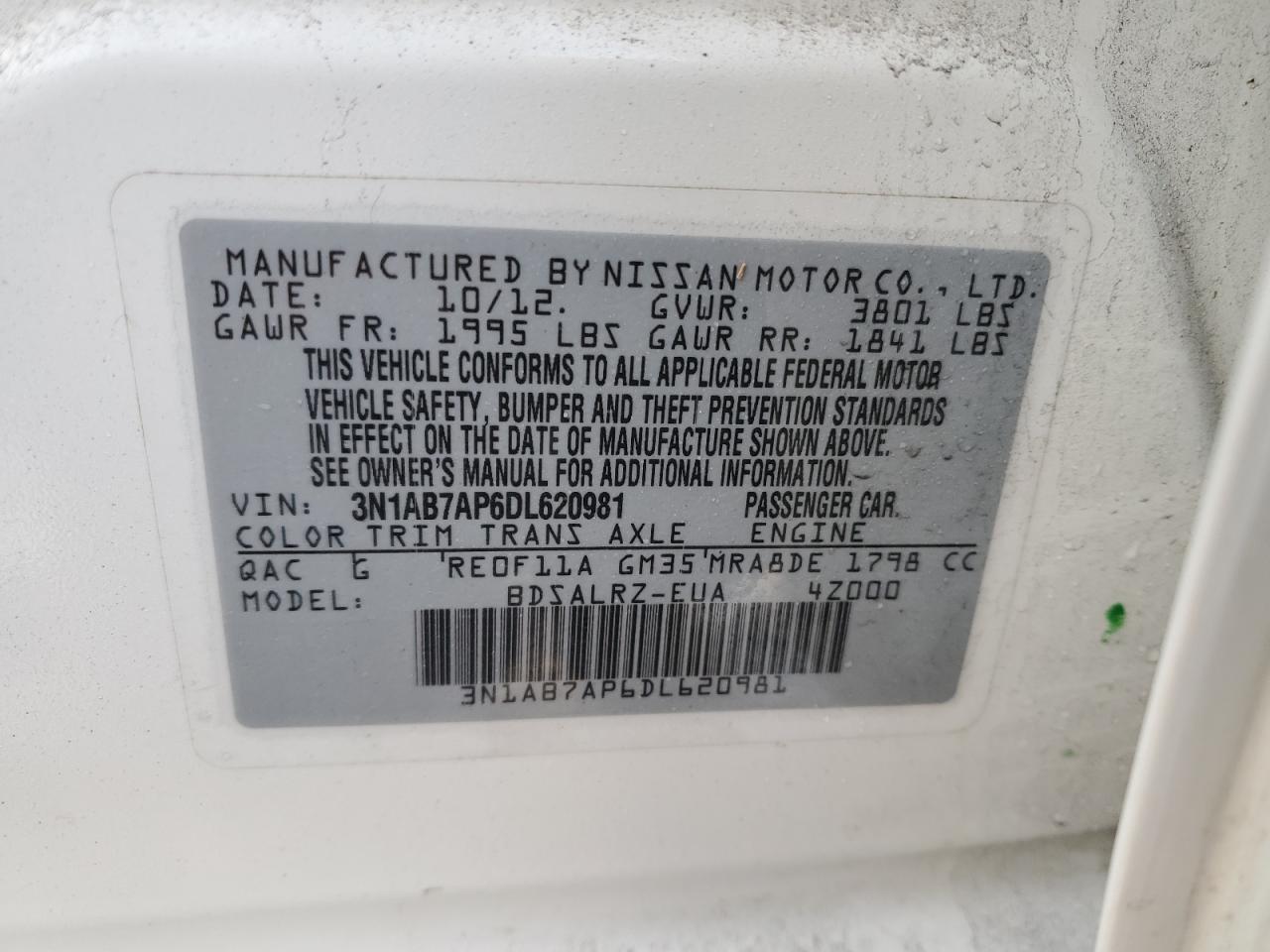 2013 Nissan Sentra VIN 3N1AB7AP6DL620981 Copart auction photo, rear end damage thumbnail 12