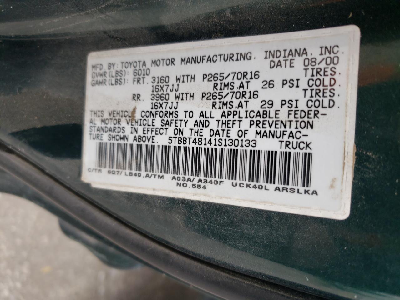 2001 Toyota Tundra VIN 5TBBT48141S130133 Copart auction photo, front end damage thumbnail 12