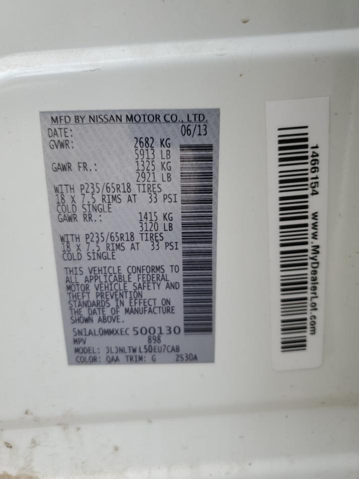 2014 Infiniti QX60 VIN 5N1AL0MMXEC500130 Copart auction photo, front end / rear end damage thumbnail 13