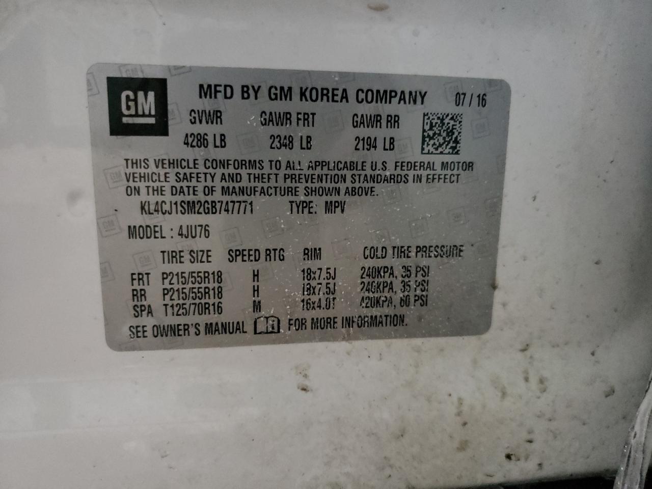 2016 Buick Encore VIN KL4CJ1SM2GB747771 Copart auction photo, front end / minor dent/scratches damage thumbnail 13