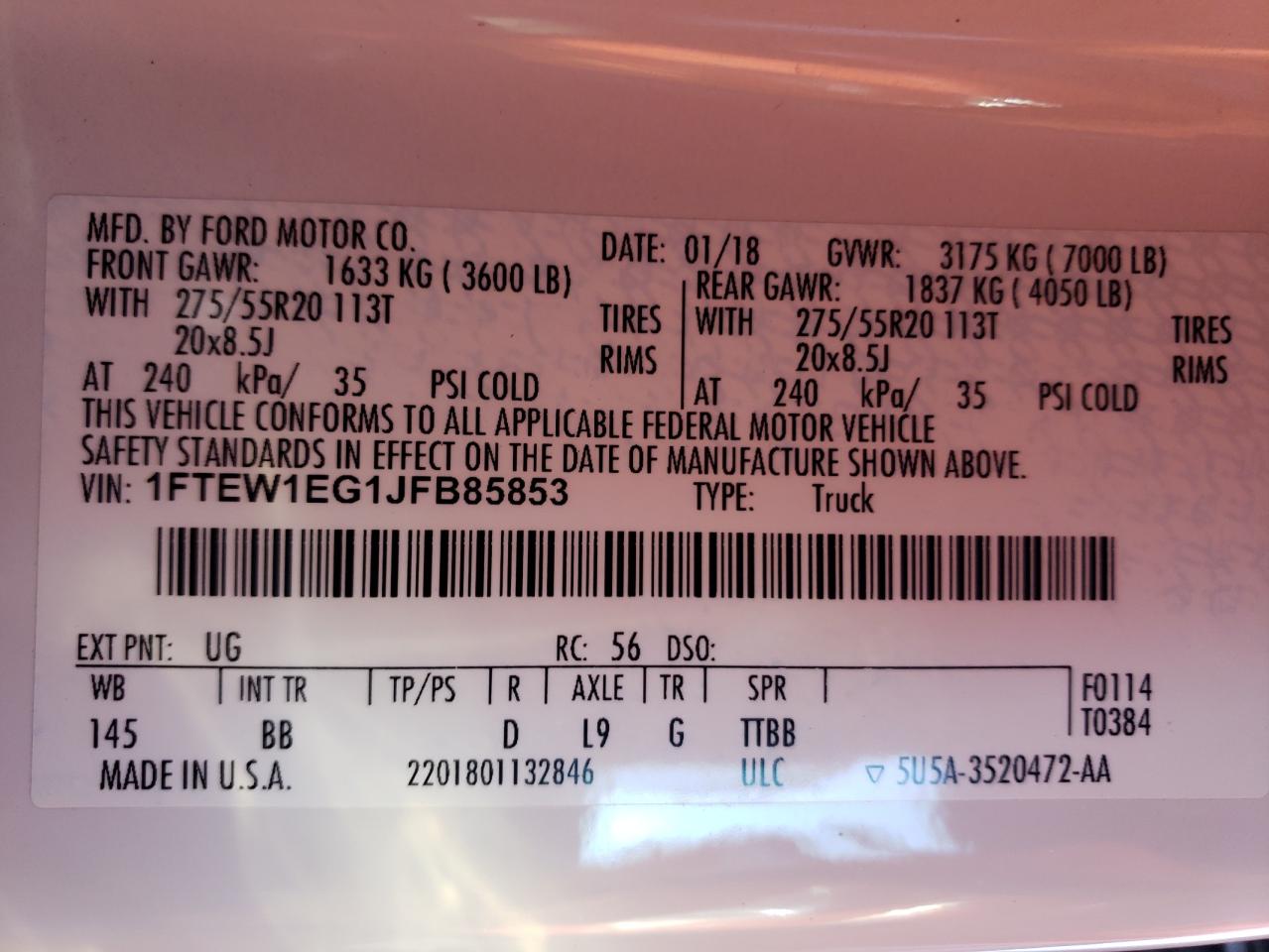 2018 Ford F-150 VIN 1FTEW1EG1JFB85853 Copart auction photo, hail / minor dent/scratches damage thumbnail 12