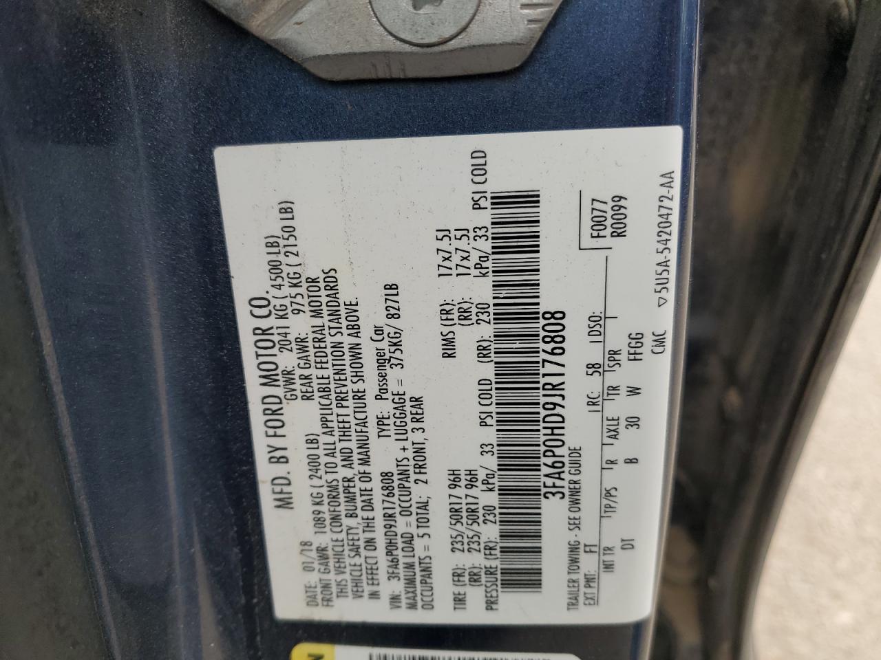 2018 Ford Fusion VIN 3FA6P0HD9JR176808 Copart auction photo, rear end damage thumbnail 13