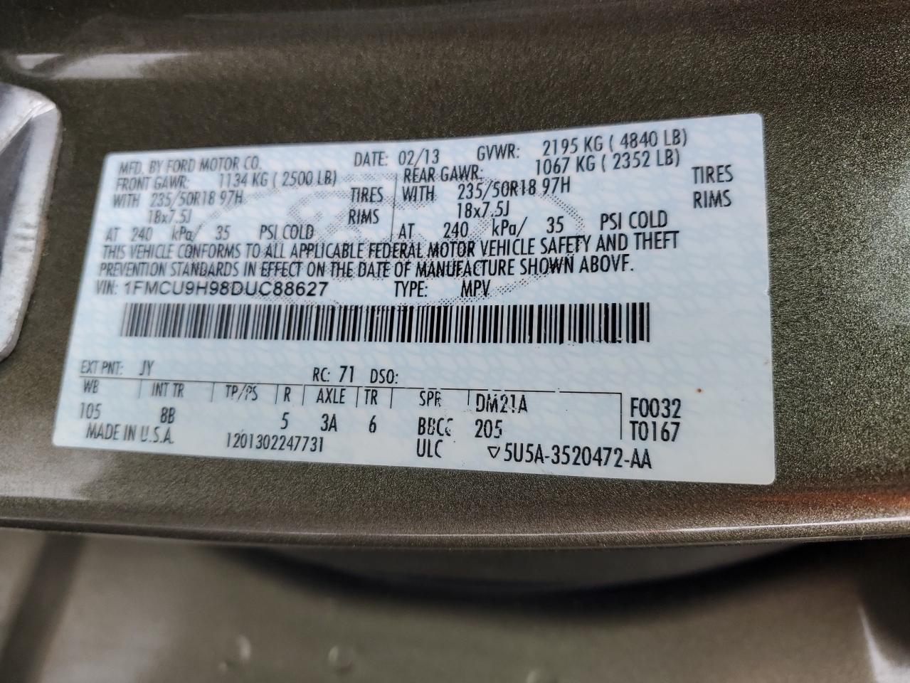 2013 Ford Escape VIN 1FMCU9H98DUC88627 Copart auction photo, water/flood damage thumbnail 13