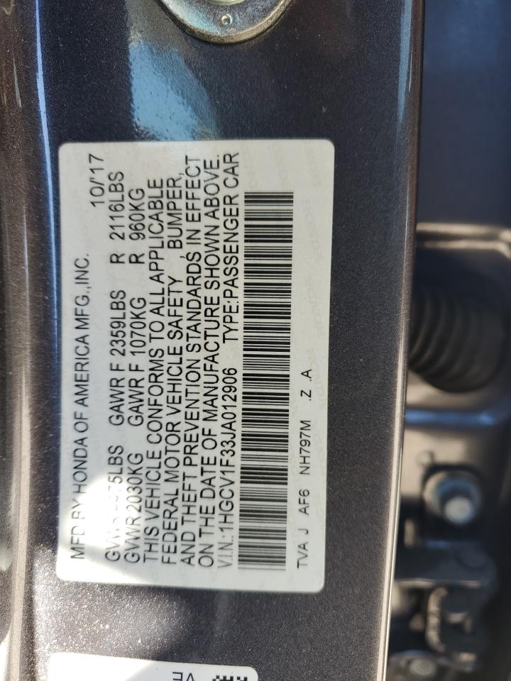 2018 Honda Accord VIN 1HGCV1F33JA012906 Copart auction photo, front end / side damage thumbnail 14