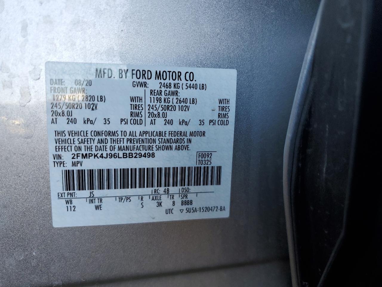 2020 Ford Edge VIN 2FMPK4J96LBB29498 Copart auction photo, rear end / front end damage thumbnail 14