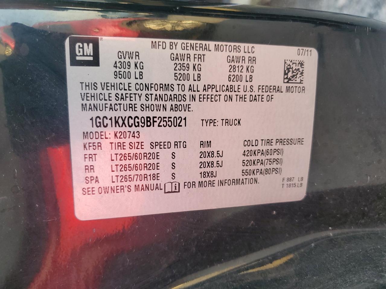 2011 Chevrolet Silverado VIN 1GC1KXCG9BF255021 Copart auction photo, side / rear end damage thumbnail 13