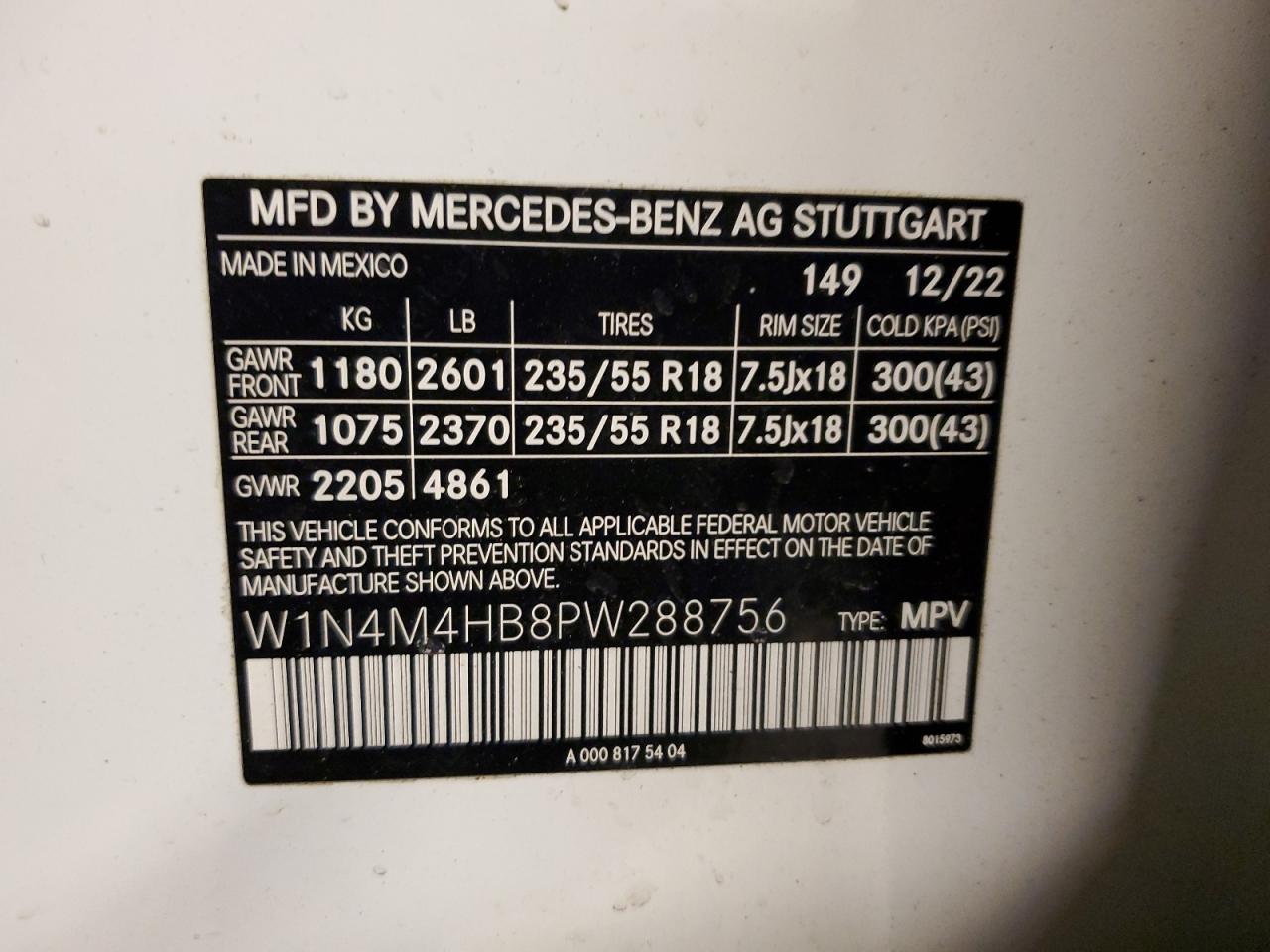 2023 Mercedes-Benz GLB VIN W1N4M4HB8PW288756 Copart auction photo, front end / mechanical damage thumbnail 14
