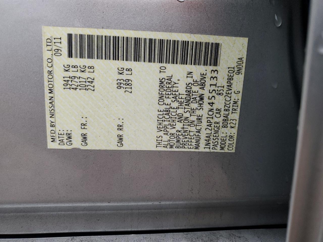 2012 Nissan Altima VIN 1N4AL2AP1CN455133 Copart auction photo, front end damage thumbnail 14