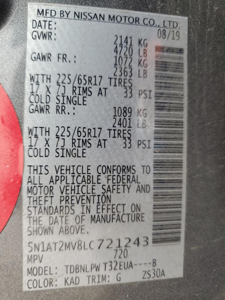 2020 Nissan Rogue VIN 5N1AT2MV8LC721243 Copart auction photo, side / rear end damage thumbnail 13