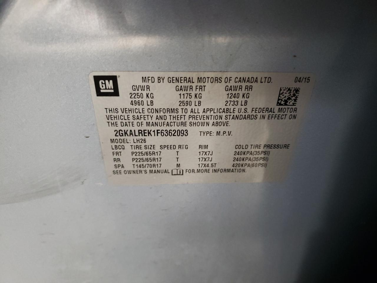 2015 GMC Terrain VIN 2GKALREK1F6362093 Copart auction photo, rear end / front end damage thumbnail 15