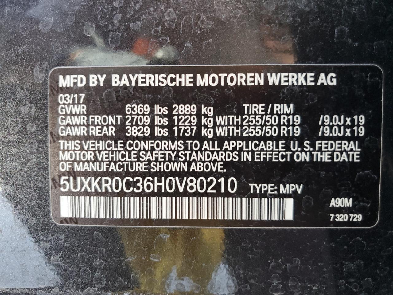 2017 BMW X5 VIN 5UXKR0C36H0V80210 Copart auction photo, front end / minor dent/scratches damage thumbnail 13