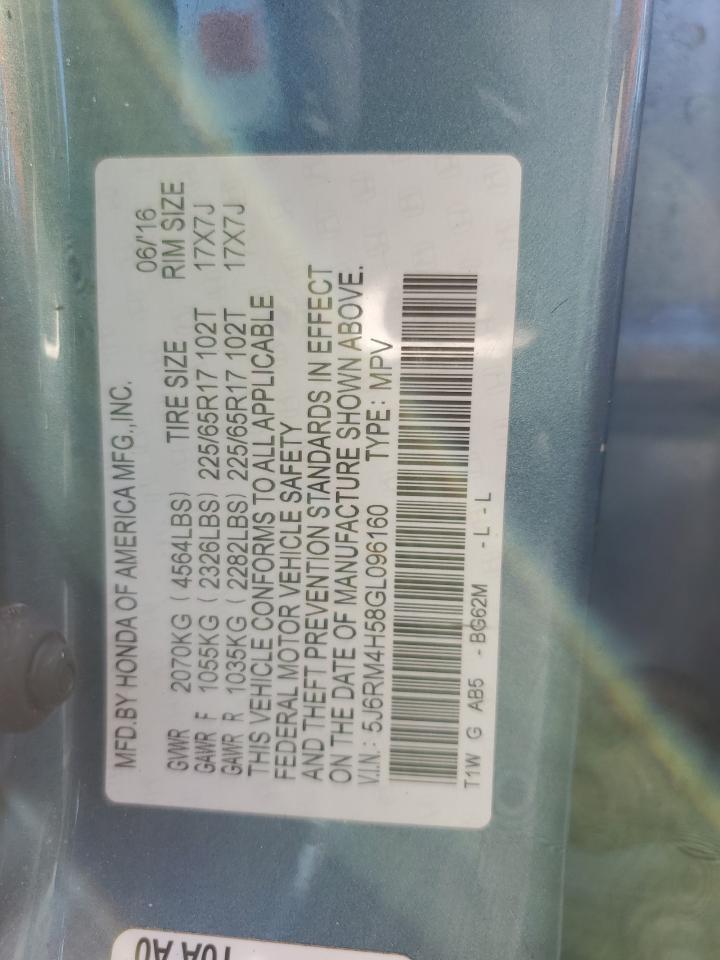 2016 Honda CR-V VIN 5J6RM4H58GL096160 Copart auction photo, water/flood damage thumbnail 13