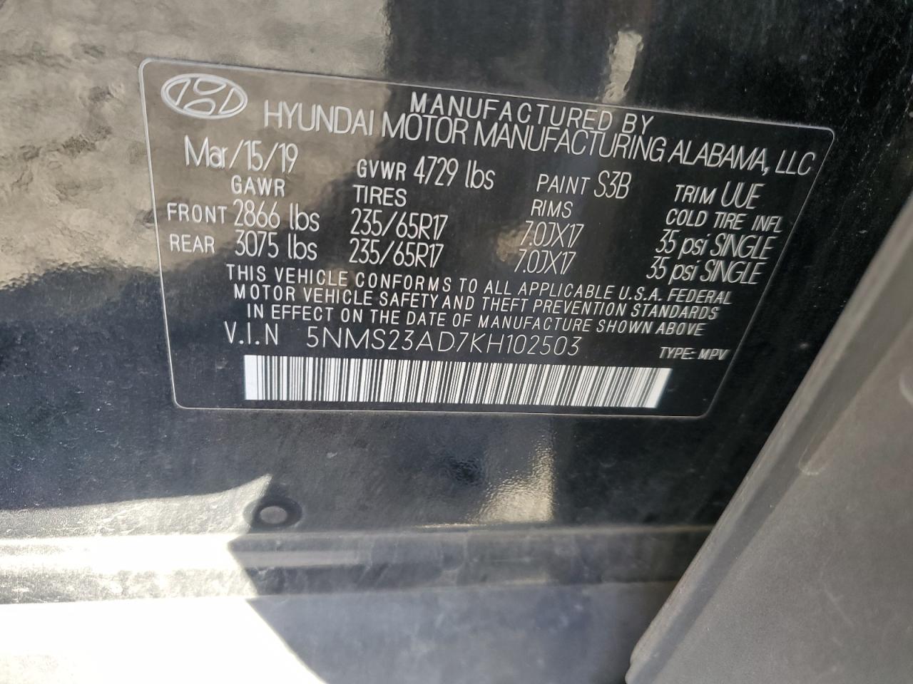 2019 Hyundai Santa Fe VIN 5NMS23AD7KH102503 Copart auction photo, front end / side damage thumbnail 13