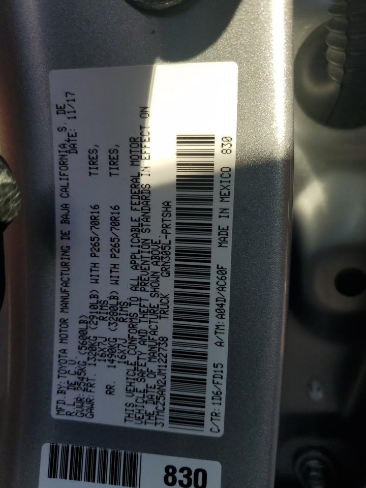 2018 Toyota Tacoma VIN 3TMCZ5AN2JM122738 Copart auction photo, front end / side damage thumbnail 12