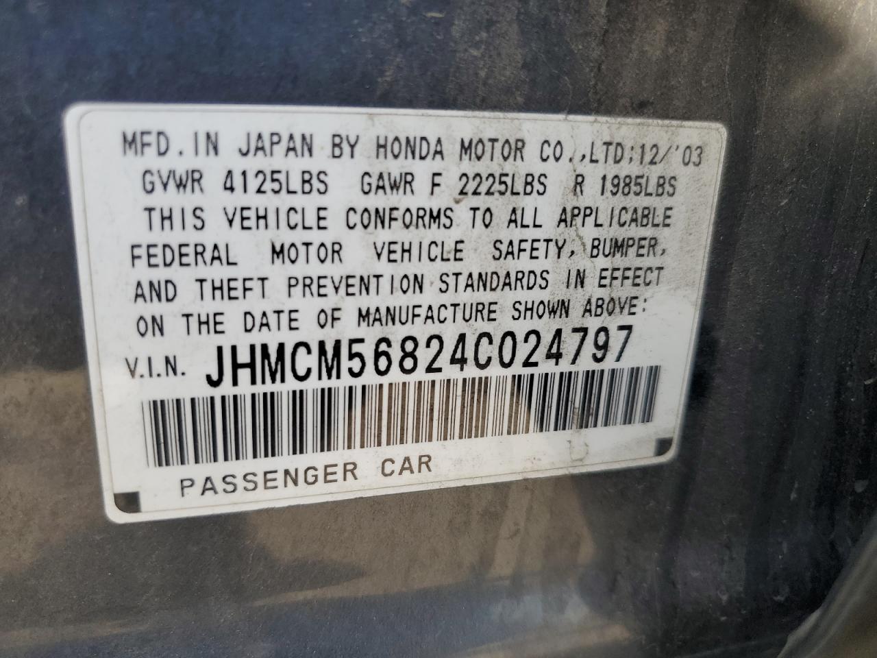 2004 Honda Accord VIN JHMCM56824C024797 Copart auction photo, vandalism damage thumbnail 12