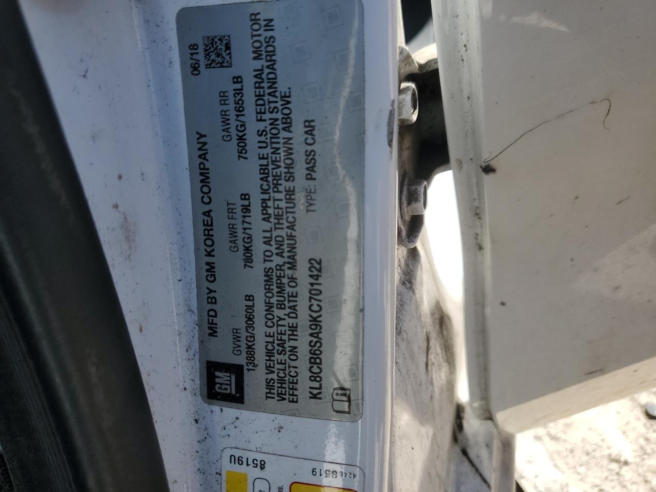 2019 Chevrolet Spark VIN KL8CB6SA9KC701422 Copart auction photo, front end / rear end damage thumbnail 15