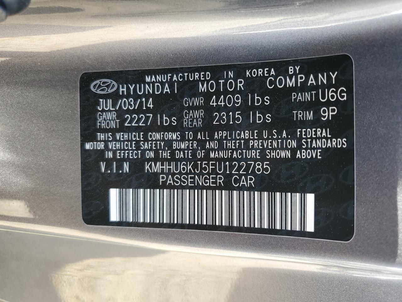 2015 Hyundai Genesis VIN KMHHU6KJ5FU122785 Copart auction photo, all over damage thumbnail 14