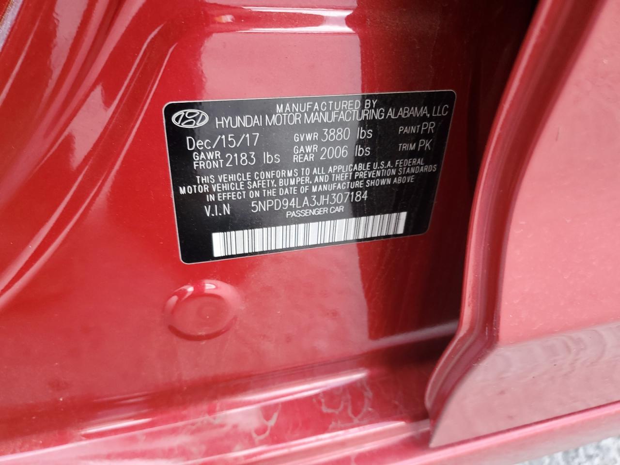2018 Hyundai Elantra VIN 5NPD94LA3JH307184 Copart auction photo, front end / minor dent/scratches damage thumbnail 12