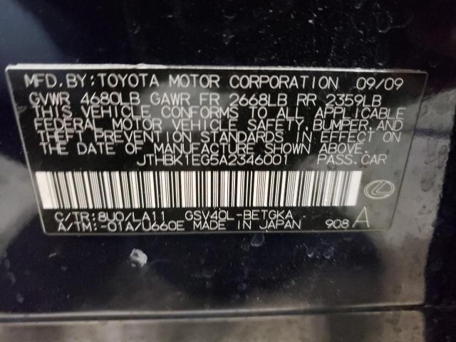 2010 Lexus ES VIN JTHBK1EG5A2346001 Copart auction photo, front end damage thumbnail 12