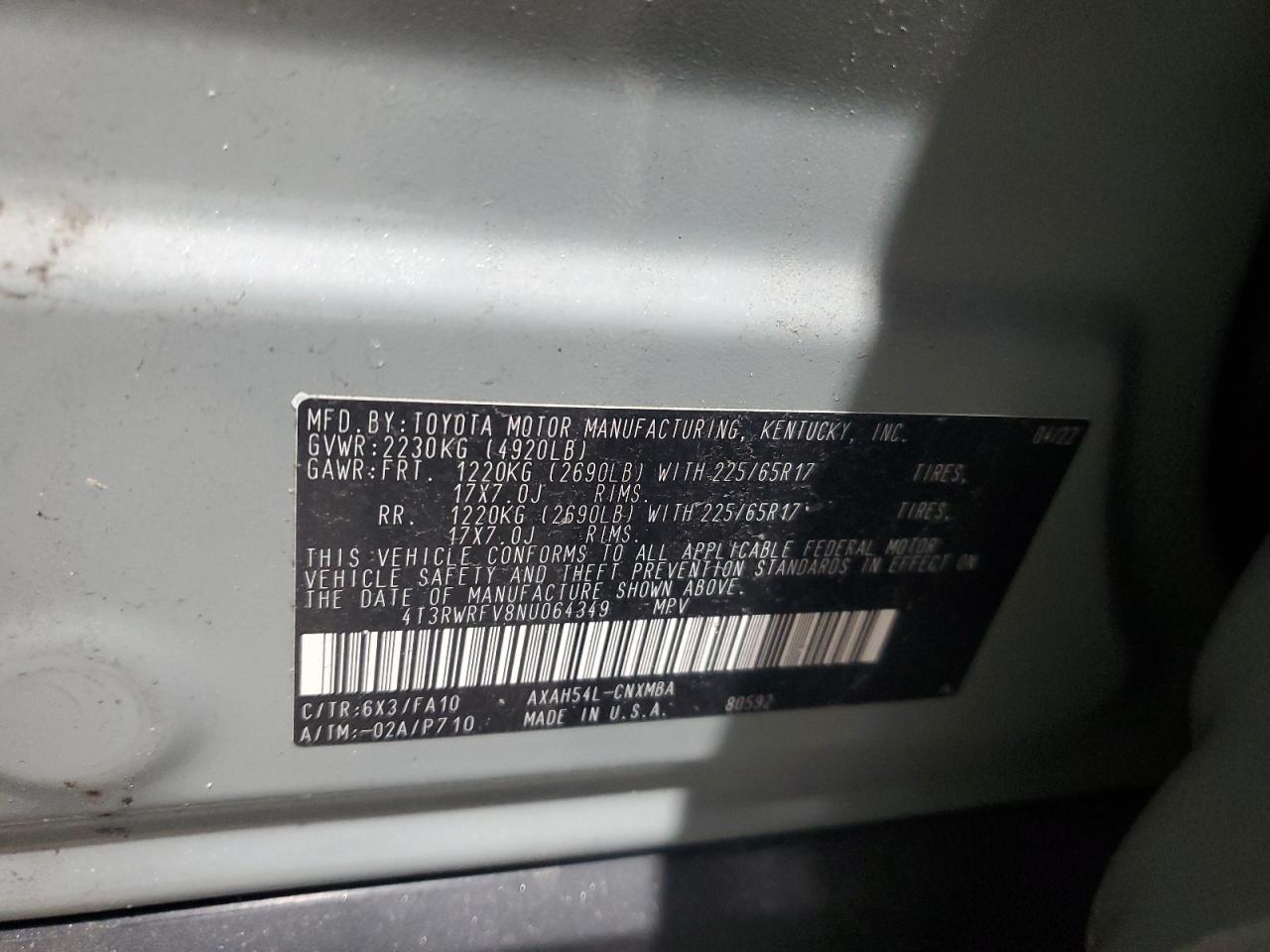 2022 Toyota RAV 4 VIN 4T3RWRFV8NU064349 Copart auction photo, front end / mechanical damage thumbnail 13