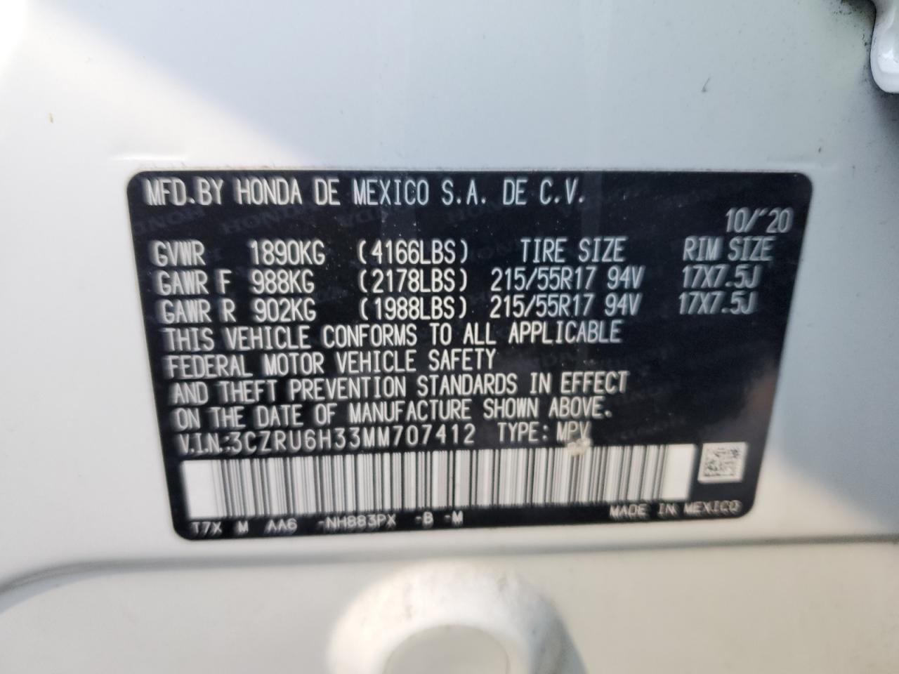 2021 Honda HR-V VIN 3CZRU6H33MM707412 Copart auction photo, front end / side damage thumbnail 15
