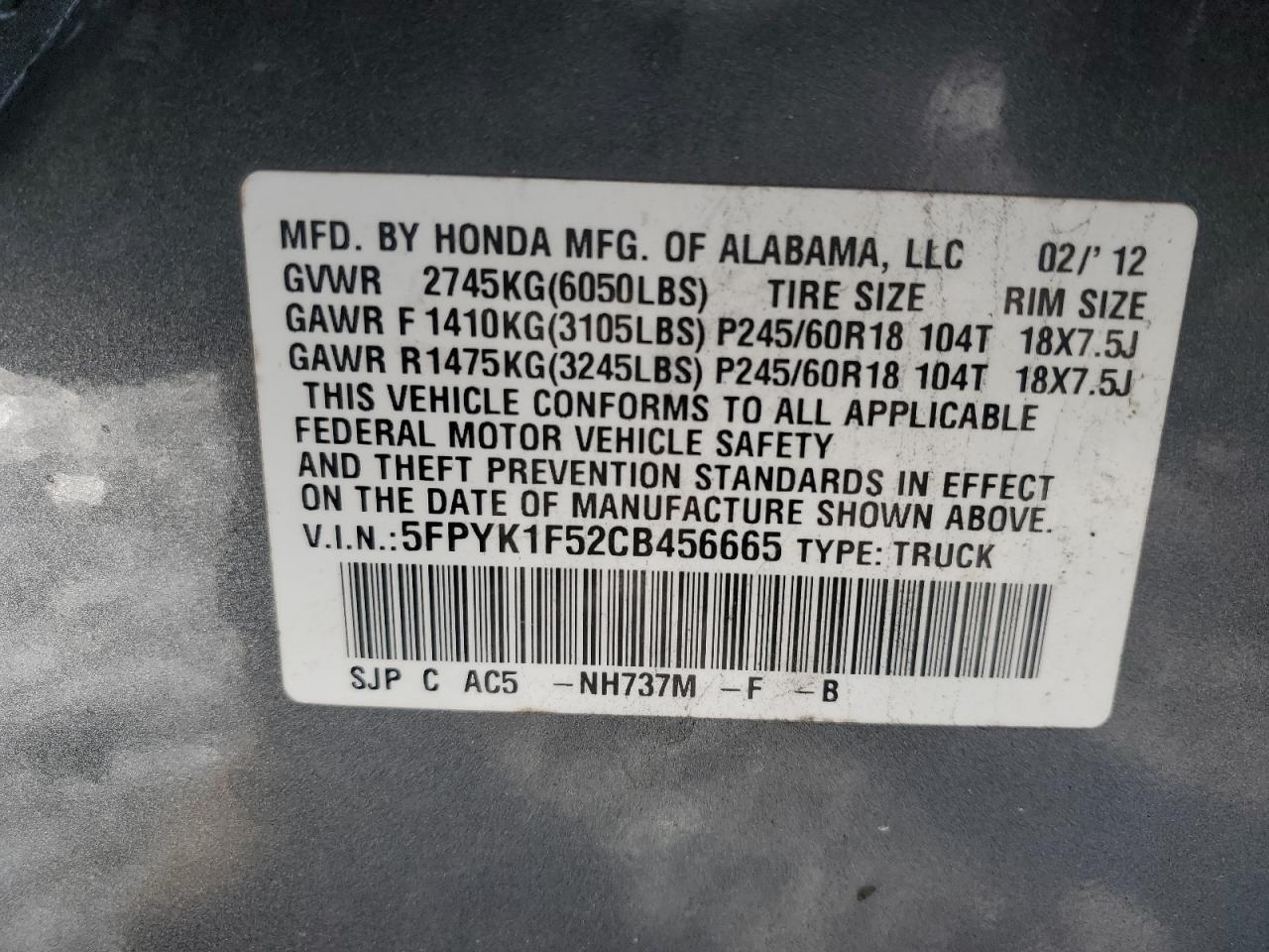2012 Honda Ridgeline VIN 5FPYK1F52CB456665 Copart auction photo, rear end / front end damage thumbnail 12