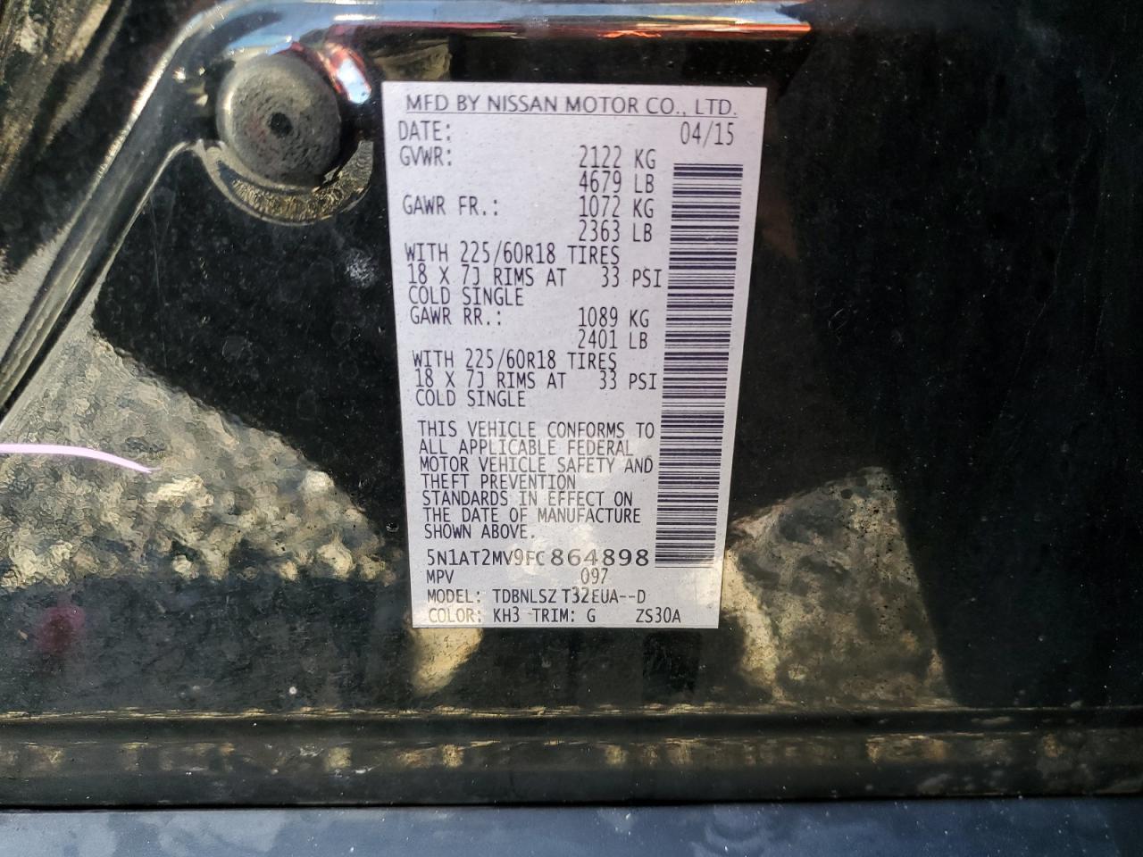 2015 Nissan Rogue VIN 5N1AT2MV9FC864898 Copart auction photo, water/flood damage thumbnail 14