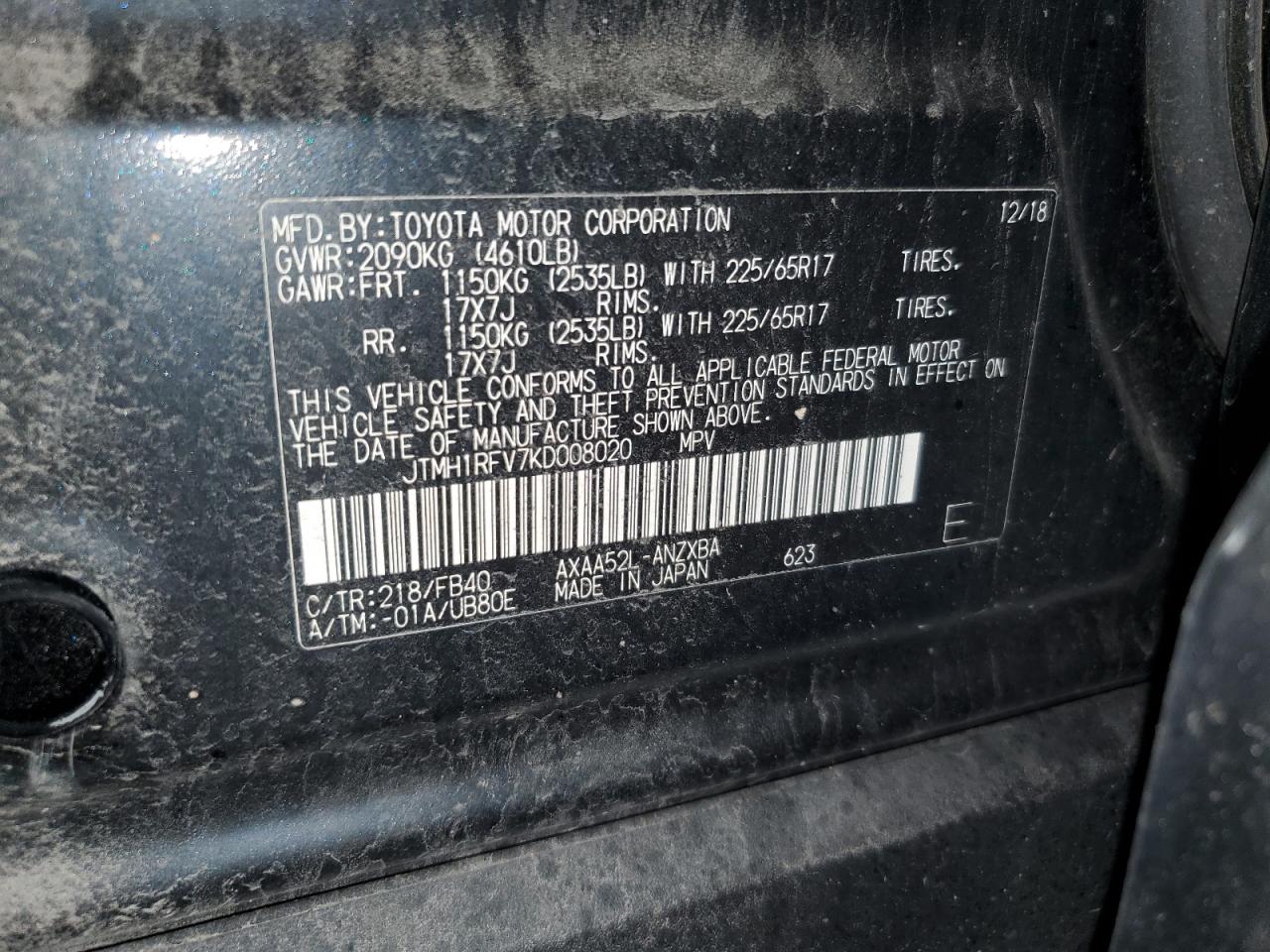2019 Toyota RAV 4 VIN JTMH1RFV7KD008020 Copart auction photo, all over damage thumbnail 13
