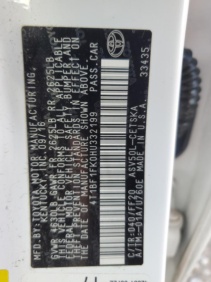 2017 Toyota Camry VIN 4T1BF1FK0HU332199 Copart auction photo, water/flood damage thumbnail 12