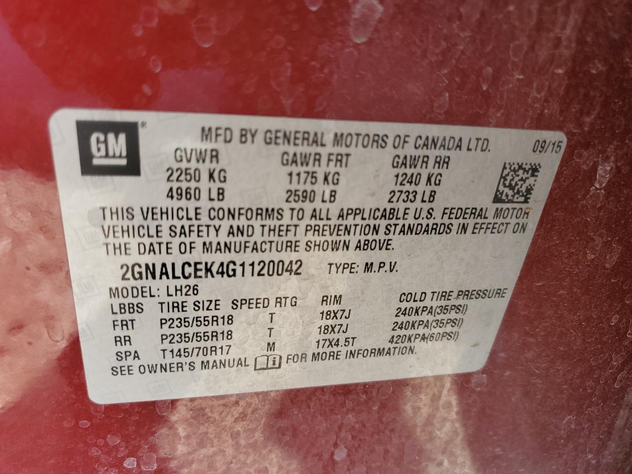 2016 Chevrolet Equinox VIN 2GNALCEK4G1120042 Copart auction photo, front end / frame damage damage thumbnail 14