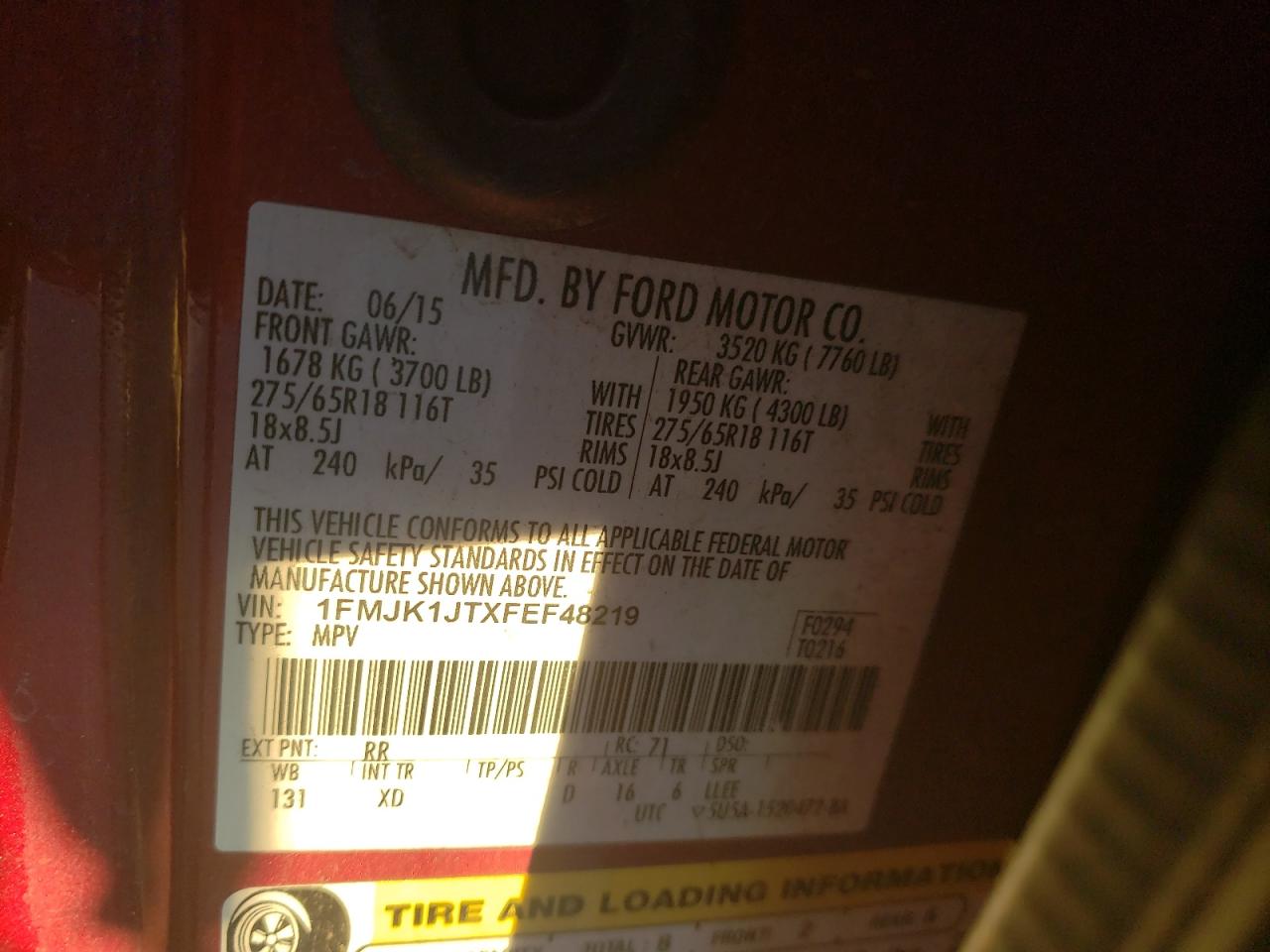 2015 Ford Expedition VIN 1FMJK1JTXFEF48219 Copart auction photo, all over damage thumbnail 15