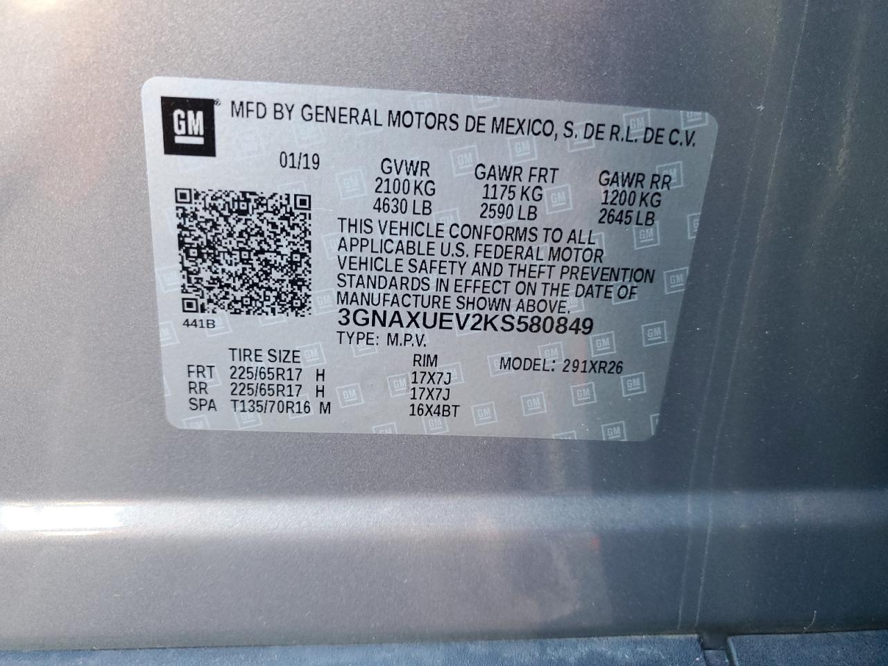 2019 Chevrolet Equinox VIN 3GNAXUEV2KS580849 Copart auction photo, minor dent/scratches damage thumbnail 13