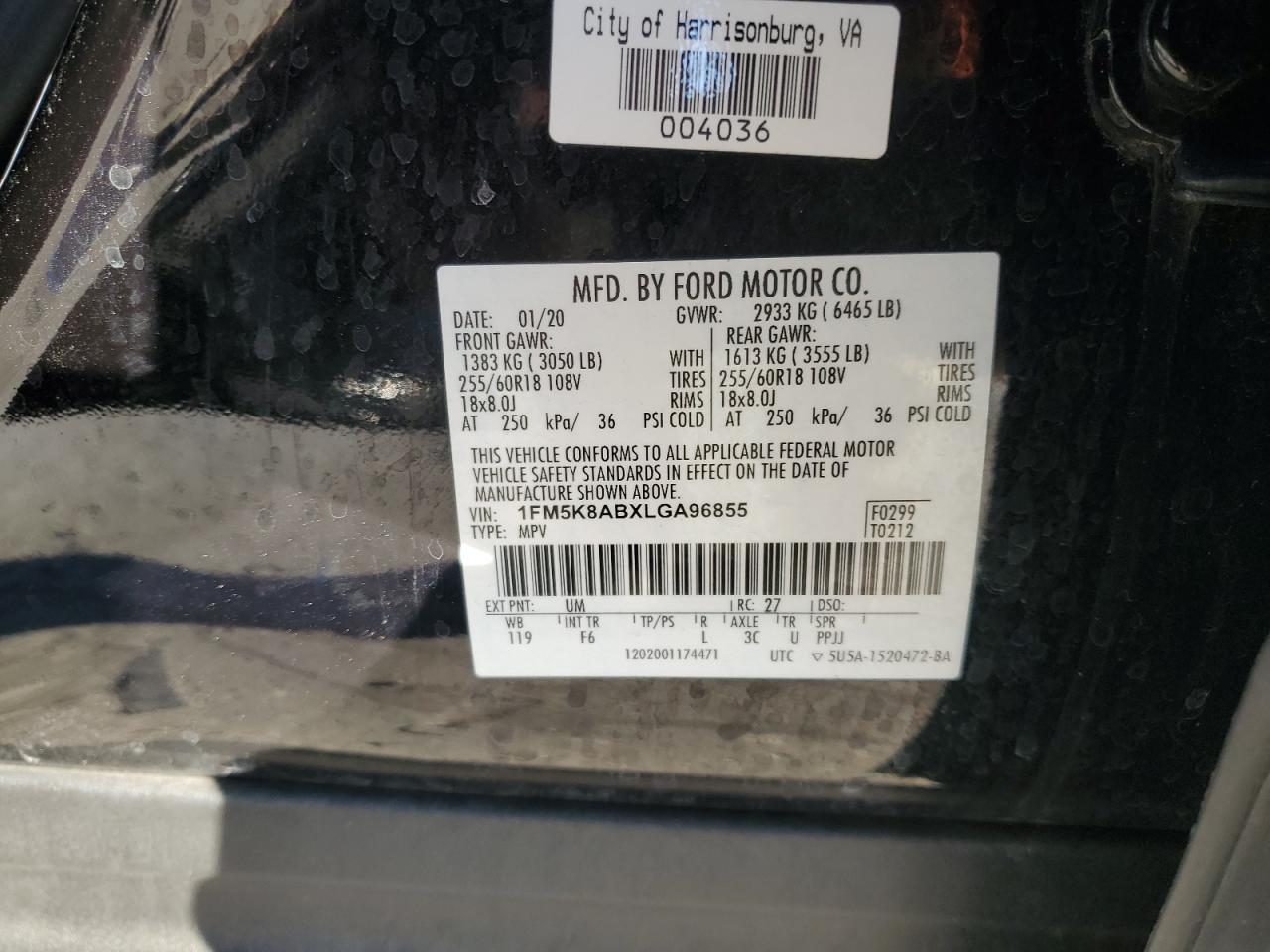 2020 Ford Explorer VIN 1FM5K8ABXLGA96855 Copart auction photo, front end / minor dent/scratches damage thumbnail 13